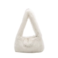 Minimalist cream white plush faux fur shoulder bag with soft fluffy texture and wide strap - White