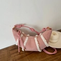 Borsa a mezzaluna in camoscio rosa con strisce in ecopelliccia e tracolla annodata - Rosa