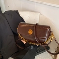Dark brown faux leather underarm bag with gold twist lock and retro metal chain - Brown
