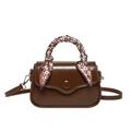 Dark brown structured small handbag with plaid silk scarf wrapped around handle - Brown