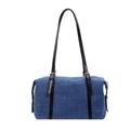 Stylish denim shoulder bag with leather straps and silver metal buckles on white background - Black