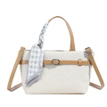 Borsa beige in ecopelle con manici marroni e foulard a pied-de-poule - Bianco