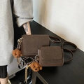Brown suede messenger bag set with adjustable strap and cute plush bear charm decoration - Large / Brown