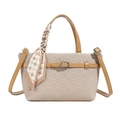 Borsa beige in ecopelle con manici marroni e foulard decorativo in seta pied-de-poule - Cachi