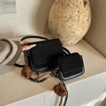 Black minimalist square crossbody bag set with bear charm and wide shoulder strap - Large / Black