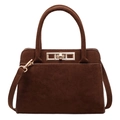 Dark brown matte suede handbag with gold clasp closure and adjustable shoulder strap - Brown