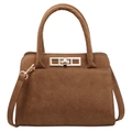 Brown frosted suede handbag with golden buckle and leather shoulder strap in retro style - Khaki
