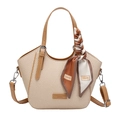 Beige woven handbag with brown leather straps and decorative fashion scarf in a front view - Off White
