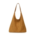 Brown frosted suede hobo shoulder bag with smooth leather handle and large capacity - Khaki