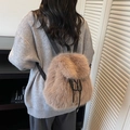 Light brown faux fur backpack for women featuring plush texture and black adjustable straps - Khaki