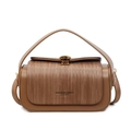 Vintage brown crossbody box bag with woven texture flap and gold metal hardware - Khaki