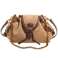 Bolso tipo cubo de ante caqui con ribete marrón oscuro y correa de cadena de bronce - Caqui