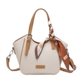 Chic cream woven handbag with brown leather straps and decorative scarf accent - White