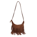 Borsa a tracolla vintage in pelle scamosciata marrone con frange, perline e forma a mezzaluna - Marrone