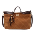 Brown suede tote bag with quilted diamond pattern and long shoulder strap - Brown