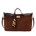 Dark brown quilted tote bag with suede texture, gold twist lock, and beaded tassel charm - Brown