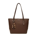 Bolso tote de cuero marrón con textura lichi y colgante de borla de madera - Marrón