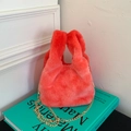 Cute fuzzy faux fur shoulder bag in bright coral with gold chain strap for winter style - Red