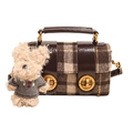Retro plaid crossbody bag with twin gold locks and cute plush puppy charm on white backdrop - Coffee (No Pendant)