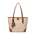 Bolso tote beige y marrón en cuero granulado con colgante de cuentas de madera - Blanco Roto