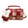 Red and white plaid tweed crossbody bag with gold buckle and cute puppy charm - Red (No Pendant)