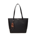 Bolso tote clásico negro con textura de lichi, correas finas y borla de cuentas de madera - Negro