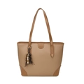 Khaki leather tote bag with lychee texture and wooden bead tassel decoration - Khaki