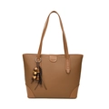 Brown faux leather tote bag with lychee texture and wooden bead tassel ornament - Brown