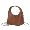 Elegant caramel brown PU leather handbag with circular handle and silver chain strap - Brown