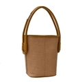 Woven straw bucket bag in caramel brown leather trim with double round top handles - Brown