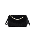 Elegante borsa in ecopelliccia nera con manico di perle e tracolla per donna - Nero