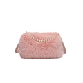 Elegante borsa a tracolla in ecopelliccia rosa con manico di perle e morbida texture - Rosa