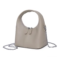 Chic beige crossbody bag with silver chain strap and unique curved top handle - Gray