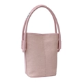 Pink woven straw bucket bag with matching leather handle and metallic hardware details - Pink