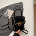 Retro black faux suede handbag with gold bead trim and textured metallic buckle - Black