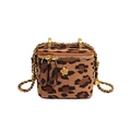 Mini-Box-Tasche mit Leopardenmuster, goldener Blumenverzierung und Schulterkette - Klein / Braun