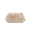 Borsa a mano in peluche rosa con manico di perle e tracolla rimovibile per l'inverno - Cachi