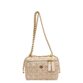 Sac bandoulière élégant en tweed beige avec fermoir fleuri doré et bandoulière chaîne - Grand / Blanc Cassé