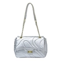 Silver quilted chain bag with gold twist lock and wavy stitching in metallic finish - Silver