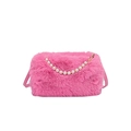Fuchsia faux fur shoulder bag featuring decorative pearl handle and thin crossbody strap - Rose Red