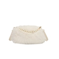 Chic cream white plush handbag with decorative large pearl chain and leather strap - White