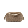 Brown plush crossbody bag featuring pearl chain strap and soft faux fur texture - Brown