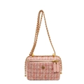 Sac boîte en tweed rose avec badge fleur dorée et bandoulière en chaîne - Grand / Rose