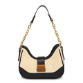 Canvas and black leather underarm bag with gold chain strap and striped metal clasp - Black