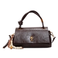 Dark brown pleated faux leather baguette bag with gold twist lock and beaded charm - No Pendant / Coffee