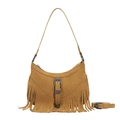 Camel suede crescent shoulder bag with vintage metal buckle and long fringe detail - Brown