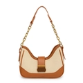 Retro underarm bag in beige canvas and brown leather patchwork with gold chain - Brown