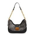 Retro distressed gray denim underarm bag with black leather trim and gold chain strap - Denim Black