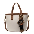 Borsa tote bicolore bianca con manici in pelle marrone e ciondolo a forma di coniglio - Bianco Sporco