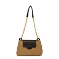 Bolso bandolera acolchado marrón con solapa de cuero negro y cadena de metal dorado - Caqui